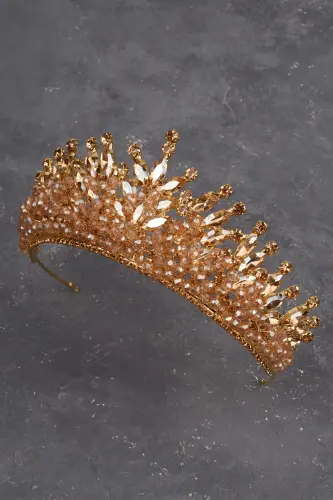 Crystal Beaded Bridal Henna Wedding Crown Gold-Gold - 4