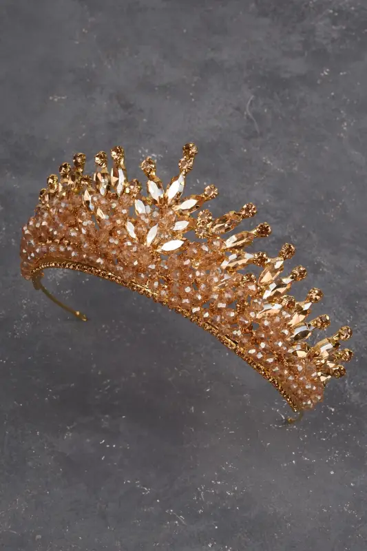 Crystal Beaded Bridal Henna Wedding Crown Gold-Gold - 4