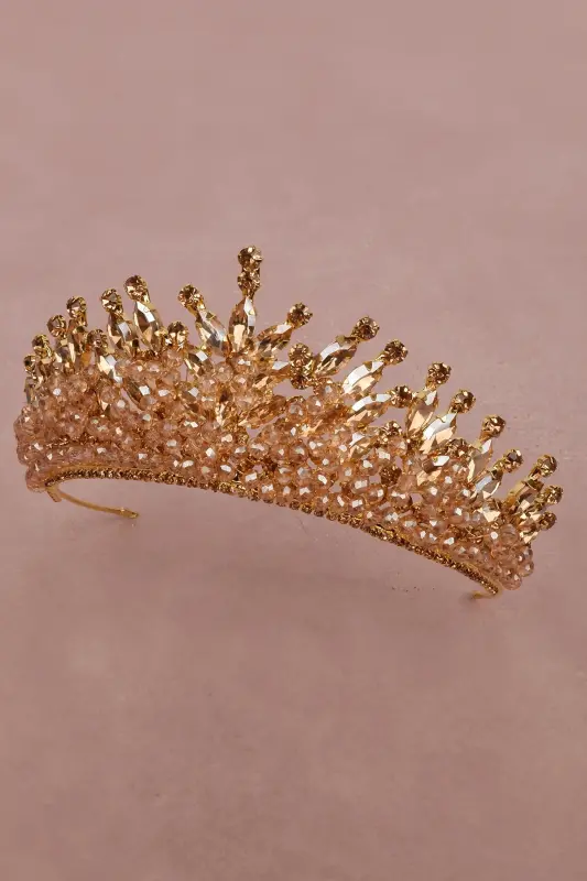 Crystal Beaded Bridal Henna Wedding Crown Gold-Gold - 5