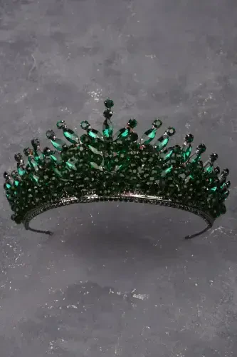 Crystal Beaded Bridal Henna Wedding Crown Green-Green - 1