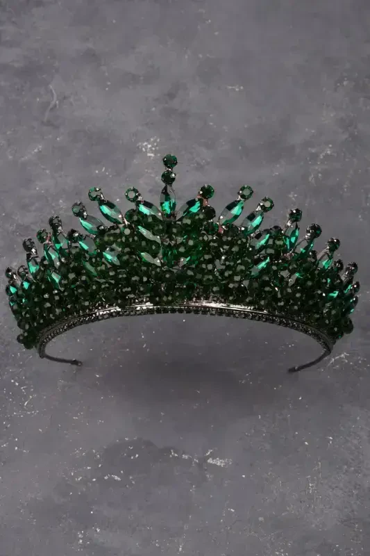 Crystal Beaded Bridal Henna Wedding Crown Green-Green - 1