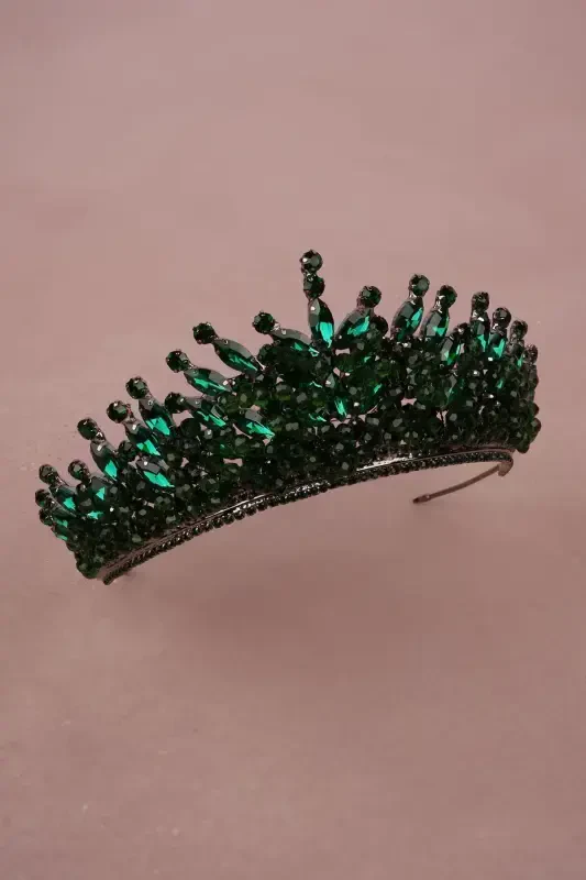 Crystal Beaded Bridal Henna Wedding Crown Green-Green - 5