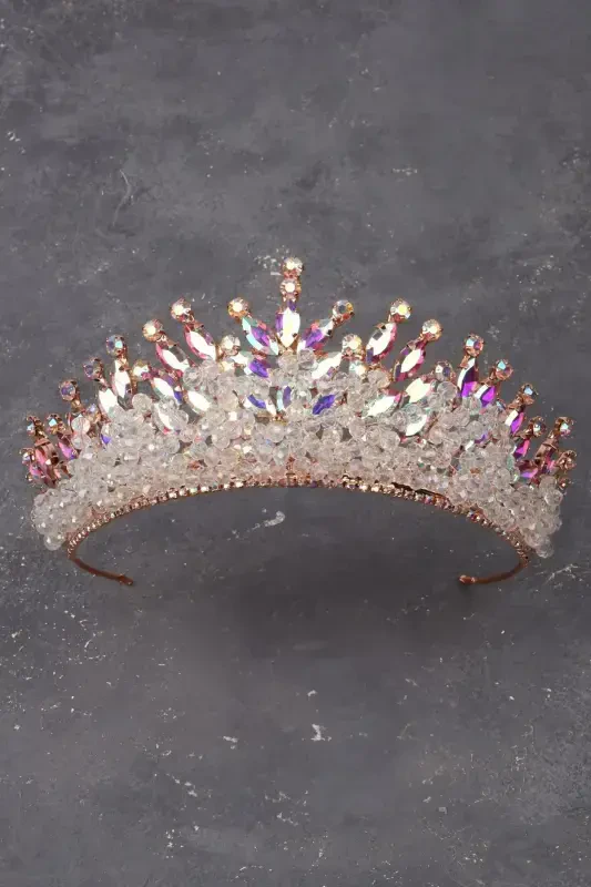 Crystal Beaded Bridal Henna Wedding Crown With Tinsel - HAYALPEREST BONCUK