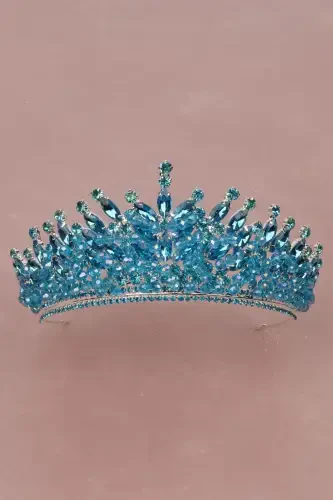 Crystal Beaded Bridal Henna Wedding Crown with Turquoise Stone - Turquoise - 1