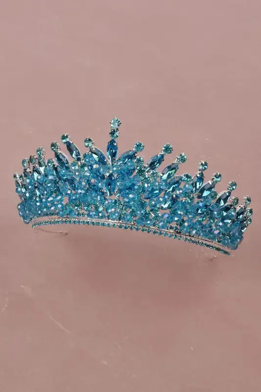 Crystal Beaded Bridal Henna Wedding Crown with Turquoise Stone - Turquoise - 6