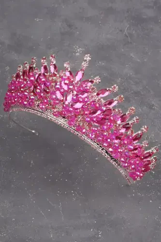 Crystal Beaded Decorated Bridal Henna Wedding Crown Pink-Pink - 1