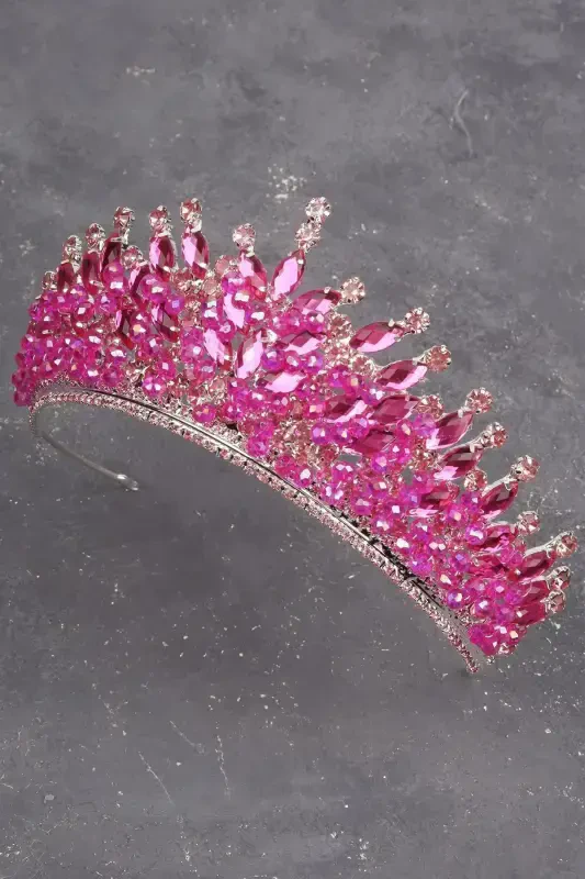 Crystal Beaded Decorated Bridal Henna Wedding Crown Pink-Pink - HAYALPEREST BONCUK