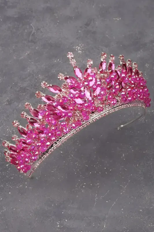 Crystal Beaded Decorated Bridal Henna Wedding Crown Pink-Pink - 3