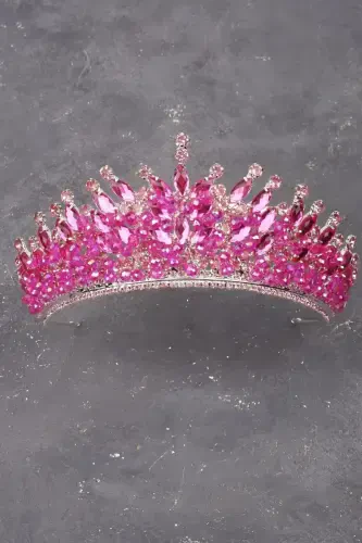 Crystal Beaded Decorated Bridal Henna Wedding Crown Pink-Pink - 5