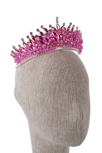 Crystal Beaded Decorated Bridal Henna Wedding Crown Pink-Pink - 7