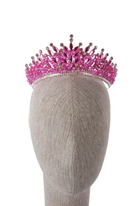 Crystal Beaded Decorated Bridal Henna Wedding Crown Pink-Pink - 8