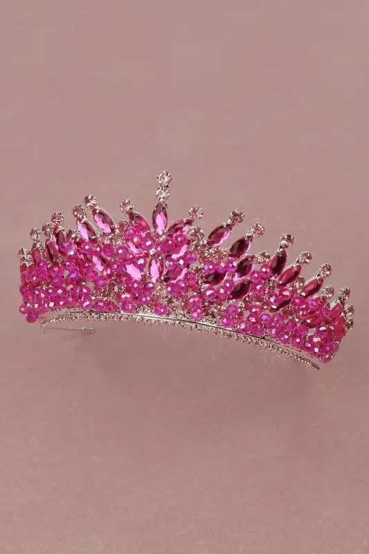 Crystal Beaded Decorated Bridal Henna Wedding Crown Pink-Pink - 4