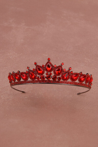 Crystal Crown with Artificial Diamond Look, Crystal Stones, Henna Night Crown Red - 17