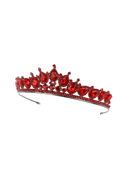 Crystal Crown with Artificial Diamond Look, Crystal Stones, Henna Night Crown Red - 11