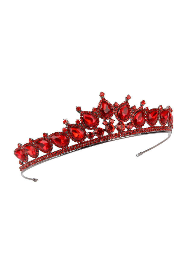 Crystal Crown with Artificial Diamond Look, Crystal Stones, Henna Night Crown Red - 12