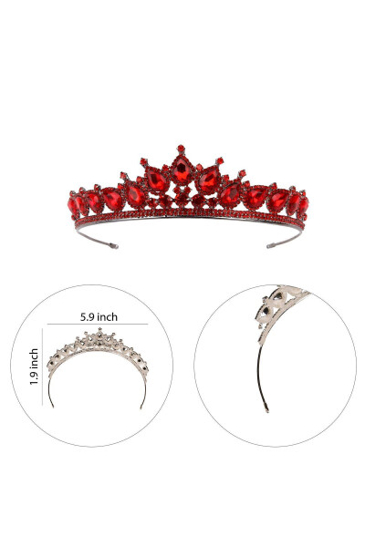 Crystal Crown with Artificial Diamond Look, Crystal Stones, Henna Night Crown Red - 14