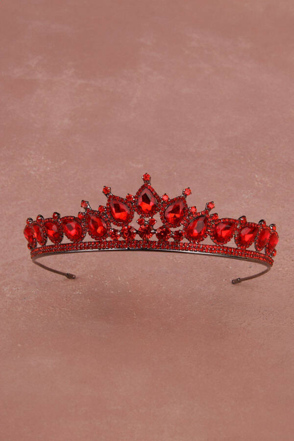 Crystal Crown with Artificial Diamond Look, Crystal Stones, Henna Night Crown Red - 1