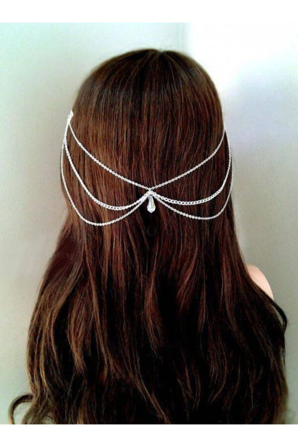 Crystal Detailed Silver Color Women's Hair Chain, Hair Accessory, Bridal Crown - 1