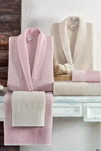 Crystal Dream Jacquard 6-Piece Family Bathrobe Set - Beige - Powder-Gray Powder - TAÇ (1)