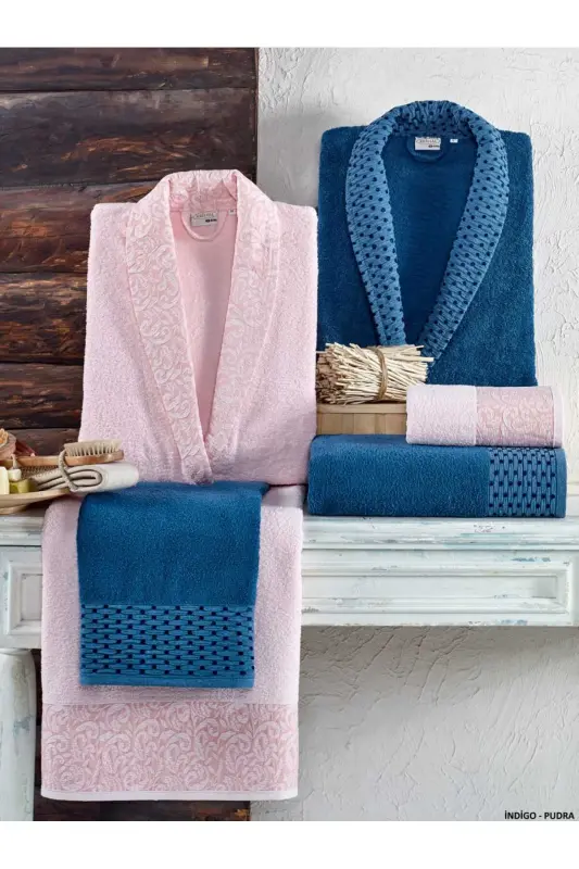 Crystal Embroidered 6-Piece Family Bathrobe Set Indigo-Powder Crystal Soft Cotton Bathrobe Set-Indigo Lilac - 1