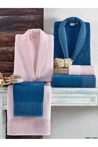 Crystal Embroidered 6-Piece Family Bathrobe Set Indigo-Powder Crystal Soft Cotton Bathrobe Set-Indigo Lilac 