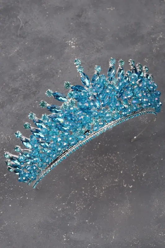 Crystal Rhinestone Bridal Henna Wedding Tiara Turquoise-Turquoise with Beaded Embellishment - 4