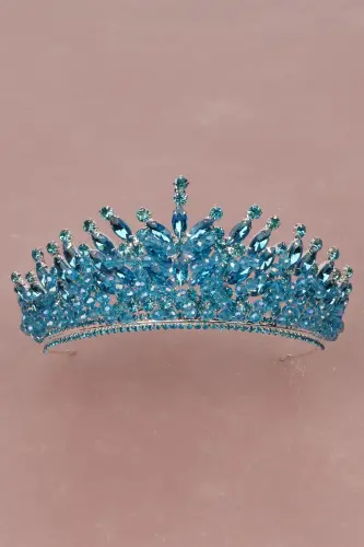 Crystal Rhinestone Bridal Henna Wedding Tiara Turquoise-Turquoise with Beaded Embellishment - 5