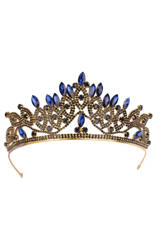 Crystal Rhinestone Bridal Queen Crown Shiny Princess Tiara Bride Wedding Crown Gold Blue-Gold Blue - 3