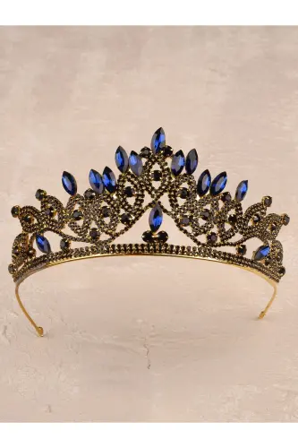 Crystal Rhinestone Bridal Queen Crown Shiny Princess Tiara Bride Wedding Crown Gold Blue-Gold Blue - 7