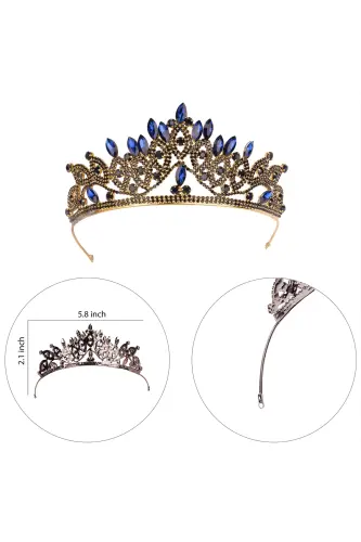 Crystal Rhinestone Bridal Queen Crown Shiny Princess Tiara Bride Wedding Crown Gold Blue-Gold Blue - 8