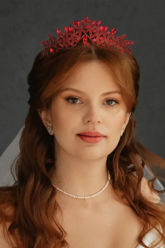 Crystal Rhinestone Bridal Queen Crown Shiny Princess Tiara Bride Wedding Crown Red-Red - 1
