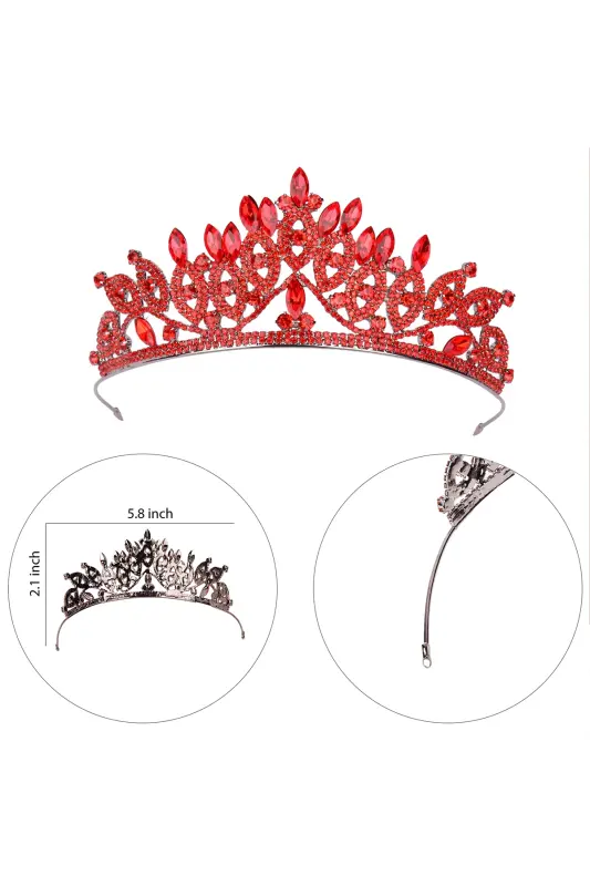 Crystal Rhinestone Bridal Queen Crown Shiny Princess Tiara Bride Wedding Crown Red-Red - 4