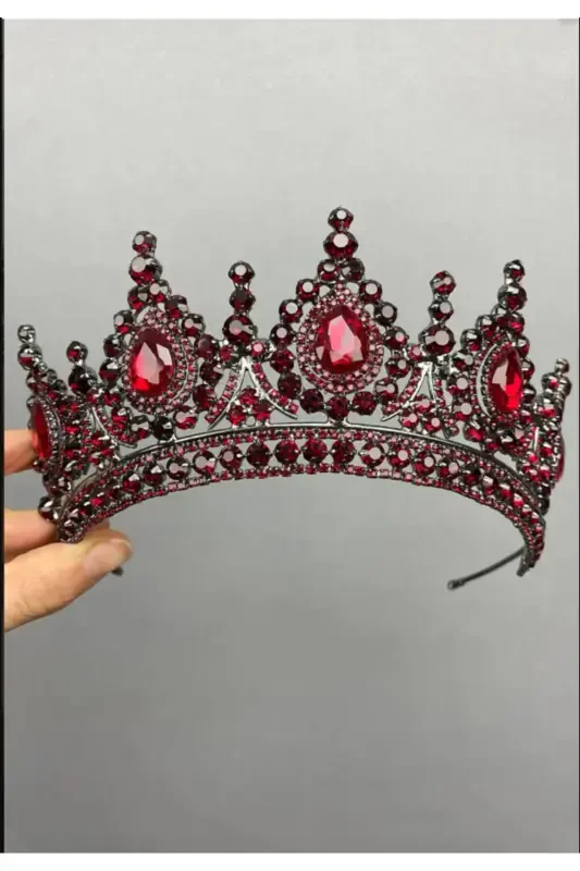 Crystal Rhinestone Bridal Wedding and Henna Crown-burgundy2 - YAĞIZ BİJUTERİ