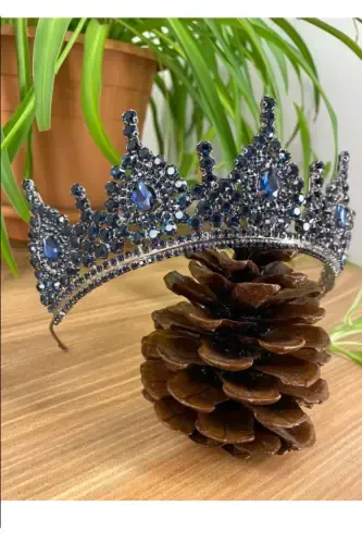 Crystal Rhinestone Bridal Wedding and Henna Crown-navy blue2 - YAĞIZ BİJUTERİ (1)