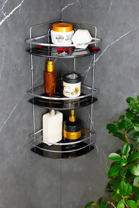 Crystal Shelved Chrome Lame Triple Shampoo Adhesive Bathroom Organizer Corner Shelf - 1