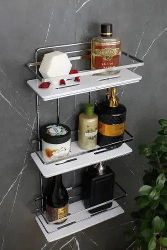 Crystal Shelved Chrome Triple Lame Bathroom and Cosmetic Organizer Adhesive Bathroom Shelf Shampoo Holder-CHROME - 1