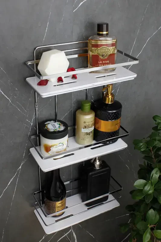 Crystal Shelved Chrome Triple Lame Bathroom and Cosmetic Organizer Adhesive Bathroom Shelf Shampoo Holder-CHROME - 1