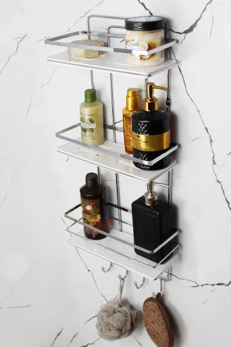 Crystal Shelved Chrome Triple Lame Bathroom and Cosmetic Organizer Adhesive Bathroom Shelf Shampoo Holder-CHROME - 3