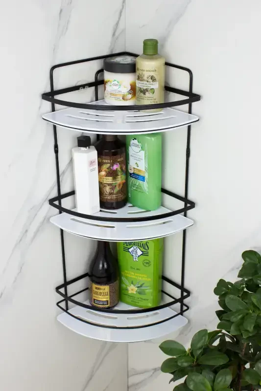 Crystal Shelved Stainless Black Lame Triple Shampoo Adhesive Bathroom Organizer Corner Shelf-BLACK - 1