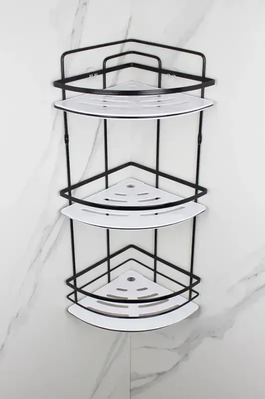 Crystal Shelved Stainless Black Lame Triple Shampoo Adhesive Bathroom Organizer Corner Shelf-BLACK - 2