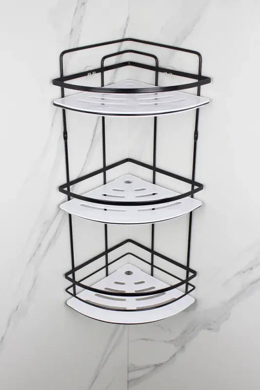 Crystal Shelved Stainless Black Lame Triple Shampoo Adhesive Bathroom Organizer Corner Shelf-BLACK - 2
