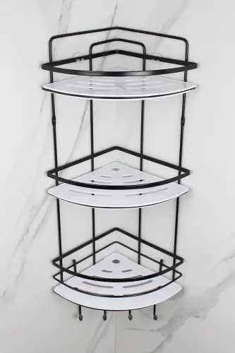 Crystal Shelved Stainless Black Lame Triple Shampoo Adhesive Bathroom Organizer Corner Shelf-BLACK - 5