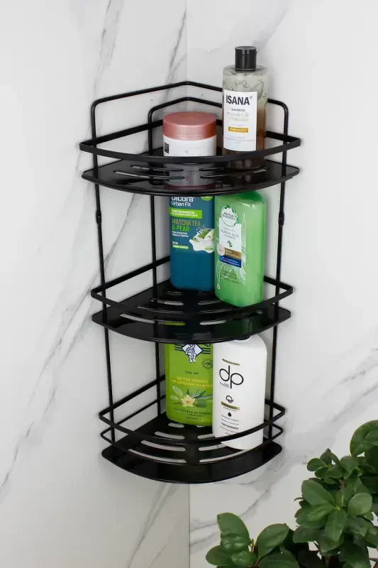 Crystal Shelved Stainless Black Lath Triple Shampoo Adhesive Bathroom Organizer Corner Shelf-BLACK - HIMYHOME