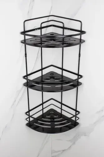 Crystal Shelved Stainless Black Lath Triple Shampoo Adhesive Bathroom Organizer Corner Shelf-BLACK - HIMYHOME (1)