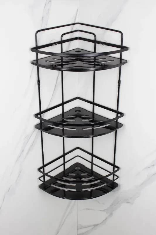 Crystal Shelved Stainless Black Lath Triple Shampoo Adhesive Bathroom Organizer Corner Shelf-BLACK - 8