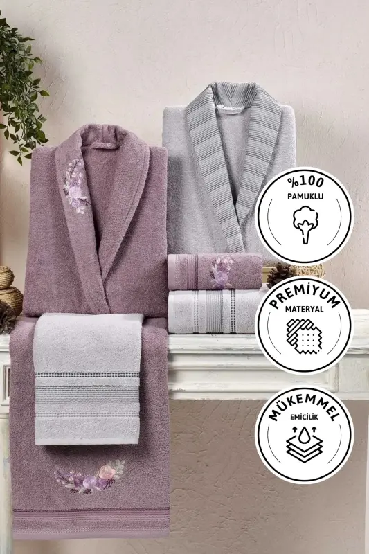 Crystal Soft Cotton Bathrobe Set Grey Lilac-Grey Lilac - TAÇ