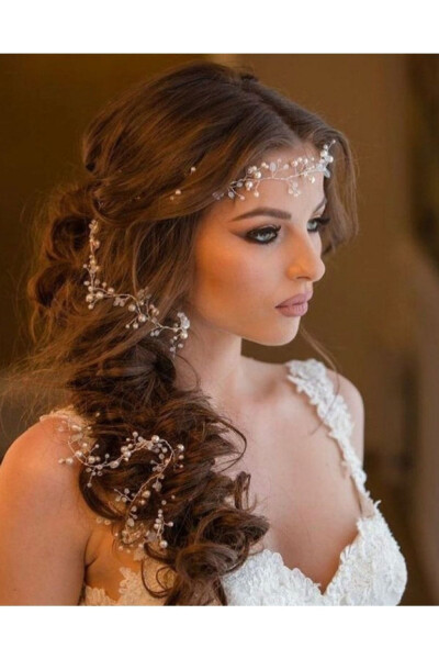 Crystal Stone and Pearl Bridal Crown Hair Accessory 45 Cm - 1