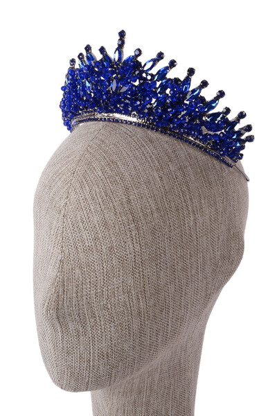 Crystal Stone Beaded Bridal Henna Wedding Crown Navy Blue - 9