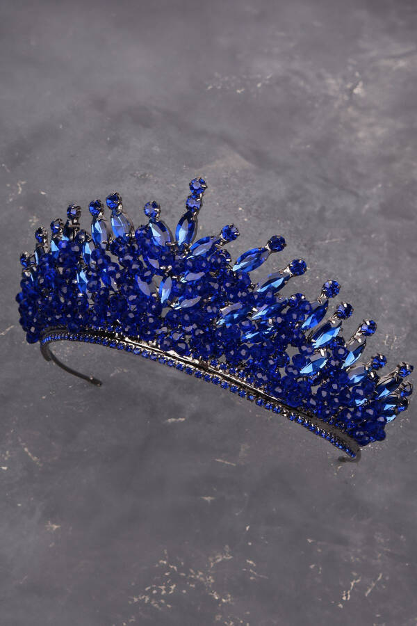 Crystal Stone Beaded Bridal Henna Wedding Crown Navy Blue - 10