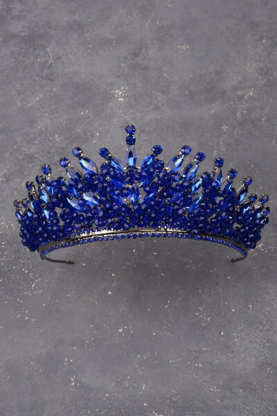 Crystal Stone Beaded Bridal Henna Wedding Crown Navy Blue - 13